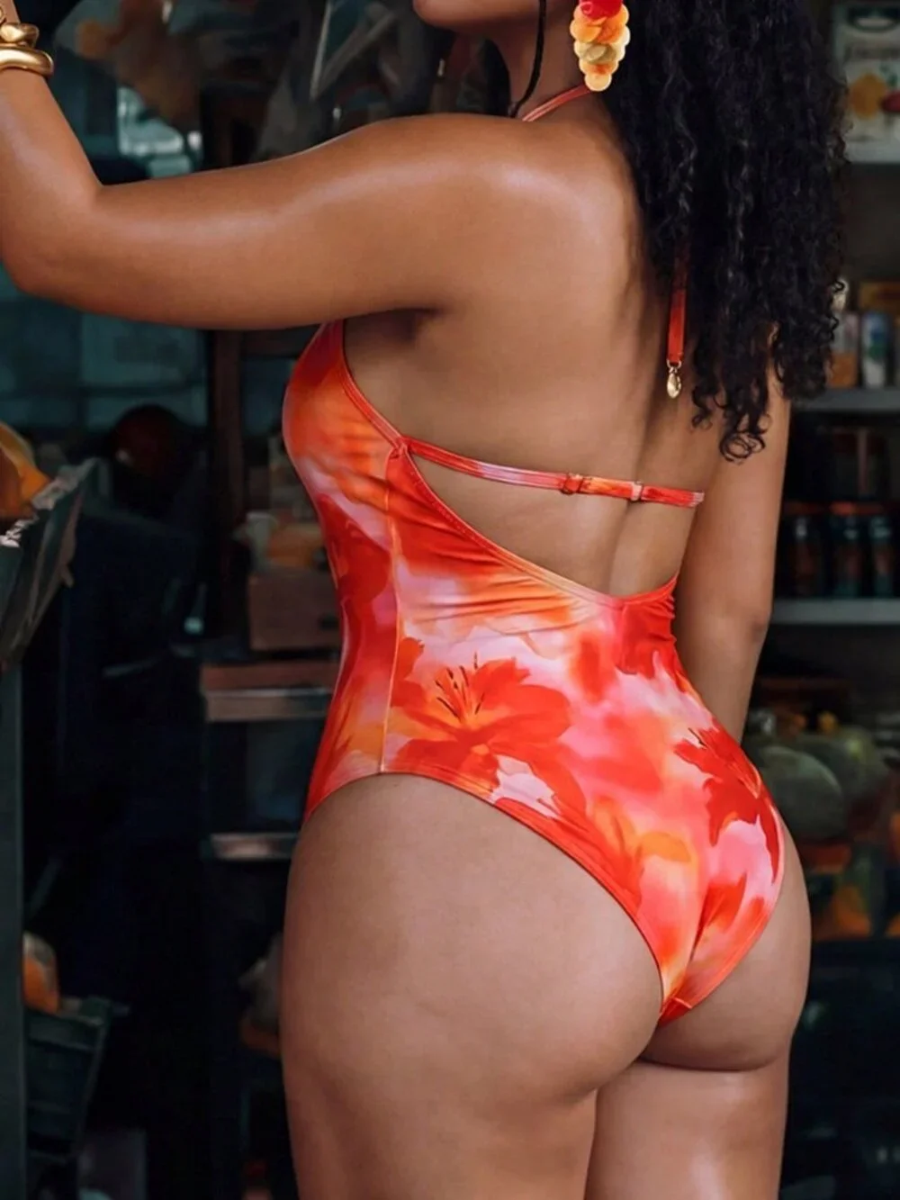 Orange Sexy Women's Plus Size Floral Print Halter One-Piece Suit